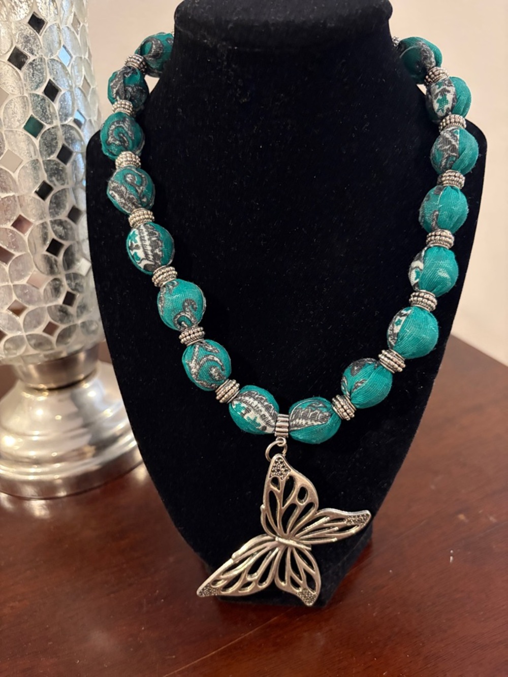 New::: material Beaded Necklace with Silver Butterfly Pendant - from Mexico